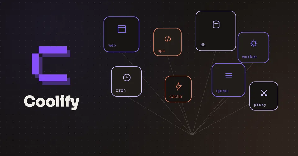 The Coolify logo beside eight isolated app containers (web, api, db, worker, cron, cache, queue, proxy) converging on one dashboard